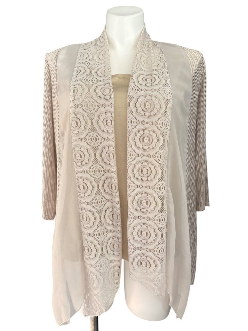 Chico's Travelers Collection Women's Beige Crochet Open Front Jacket, Size 2 (L)